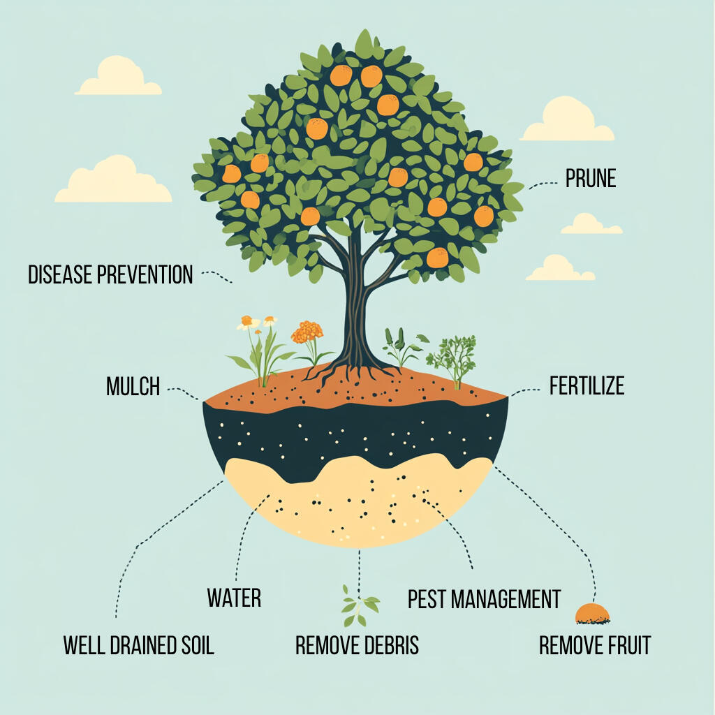 Tree care diagram infographic: Disease prevention, mulching, pruning, fertilizing, watering, well drained soil, soil management, remove debris, pest management, remove fallen fruit.